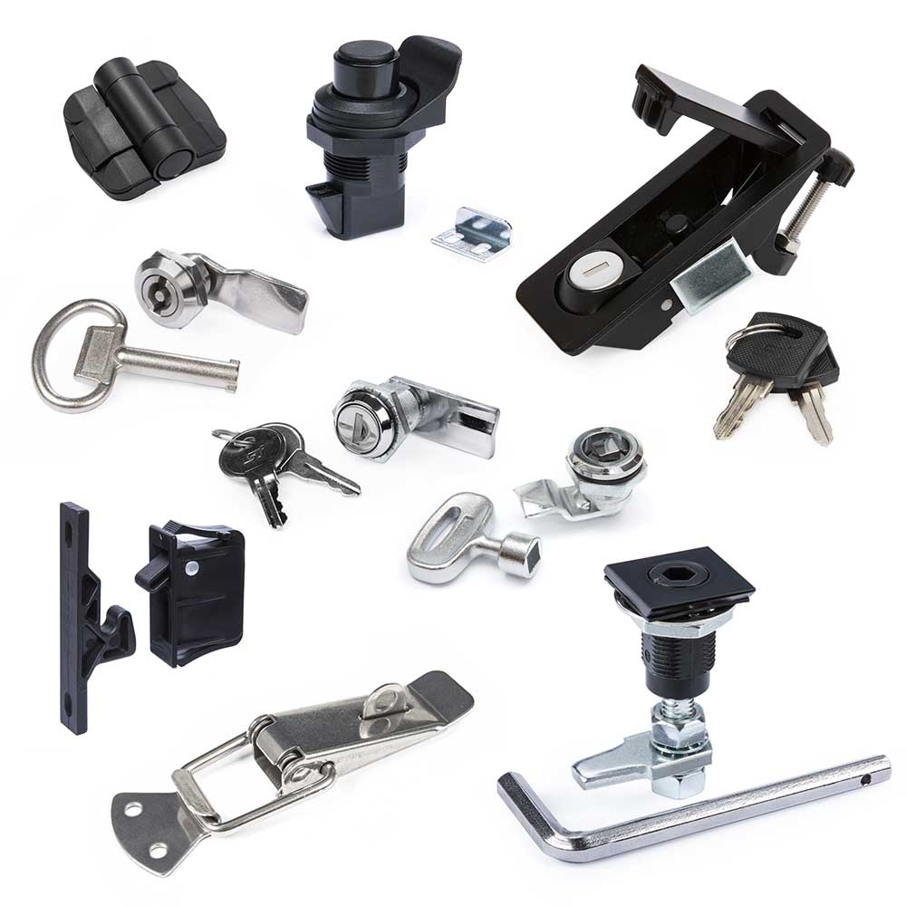 Enclosure hardware, locks, latches, compression latches, toggle latches